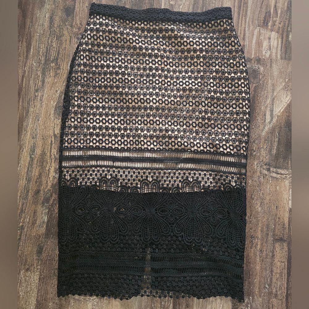 Black Lace Pencil Skirt | Nude Lined | Floral Scalloped Hem | Jenn M | Cocktail
